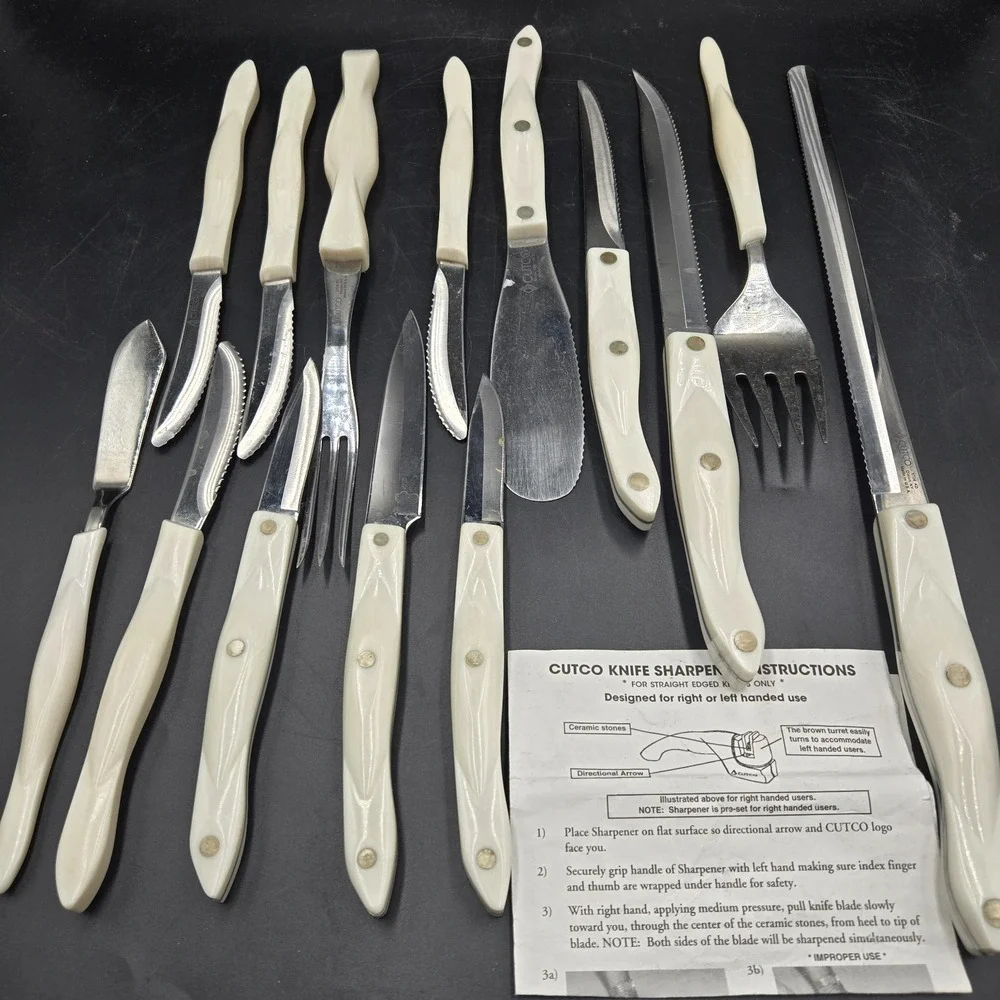 Vintage CUTCO Pearl White Knife Set 14 Piece USA Made Spatula Forks Steak Knives